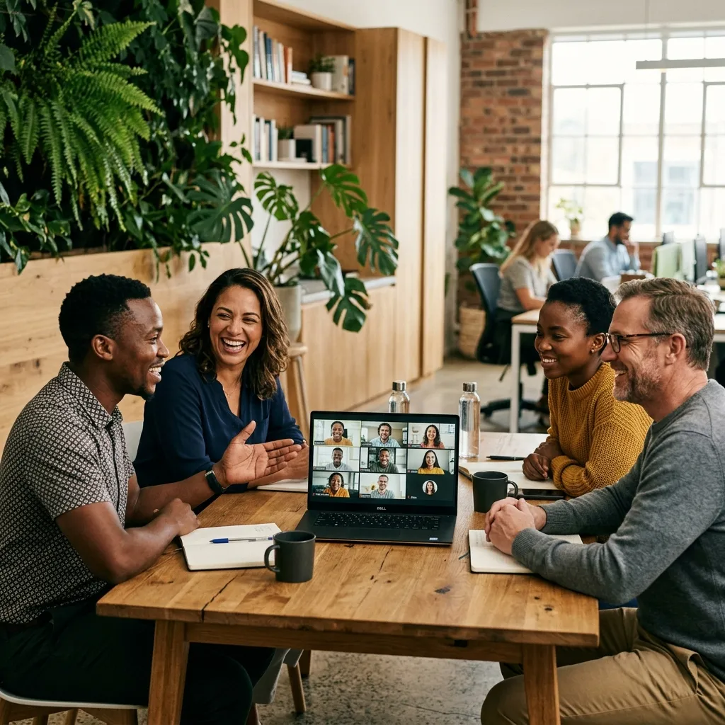 Team Connect in-person team collaborating with remote colleagues via video call
