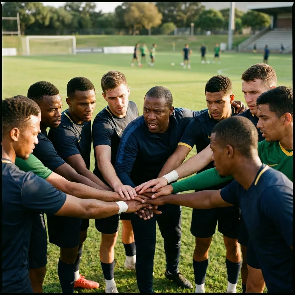 Sports team huddle with coach delivering instructions during a Team Connect sports dynamics session